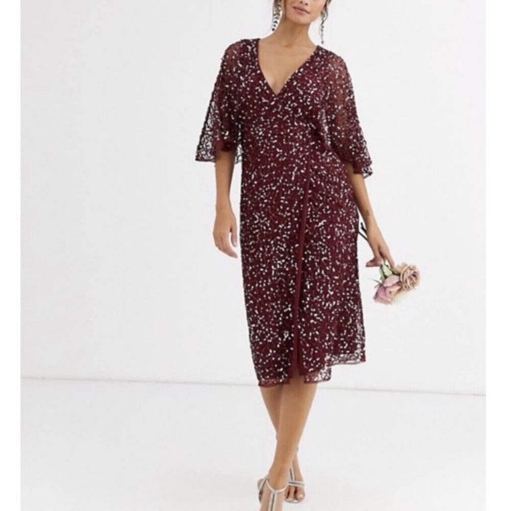 NWT MAYA BRIDESMAID  DELICATE SEQUIN WRAP MIDI DRESS WINE RED SIZE 2.